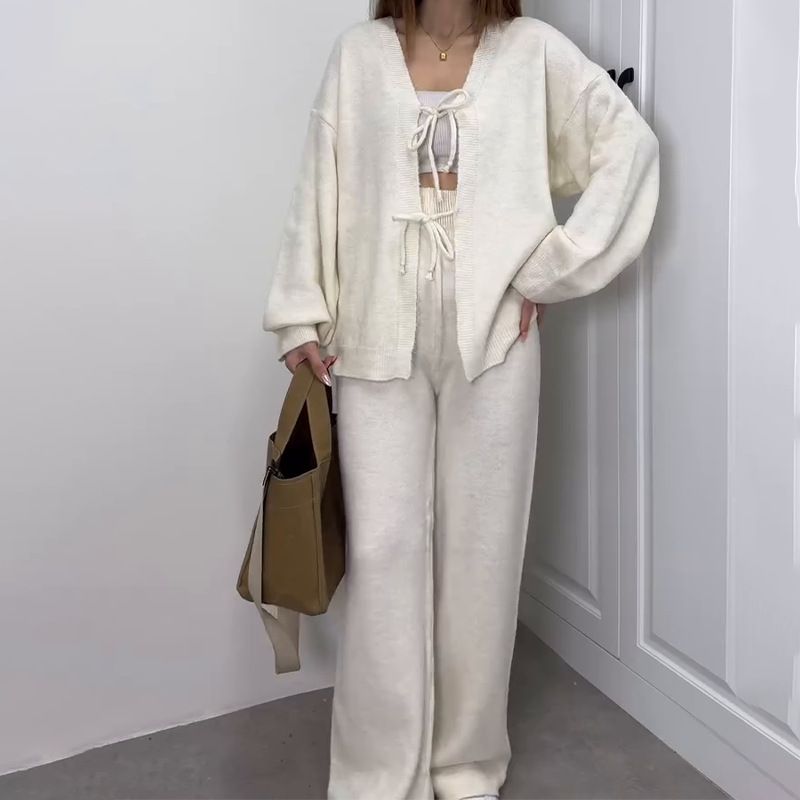 Lässiges, elegantes Outfit-Set für Damen – Strickjacke mit V-Ausschnitt und hoch taillierte Hose mit weitem Bein (7 Farben, Übergrößen geeignet)_voghion.com