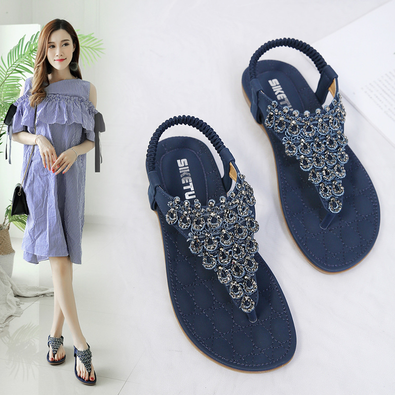 New 2025 Summer Sandals Lace Water Diamond Bohemian Large Rubber Flat Shoes_voghion.com