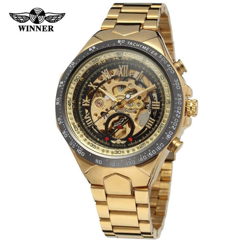 Men's Premium Gold-Toned Skeleton Automatic Mechanical Watch With Stainless Steel Band - 44mm Round Dial, Mineral Glass, Fold-Over Clasp Mechanical_voghion.com