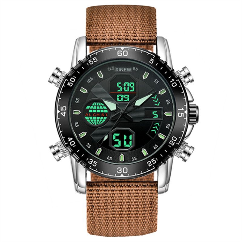 Sportliche Digital-Analog-Uhr für Herren mit Nylonarmband, Multifunktionsanzeige (Datum, Alarm, GMT), leicht und elegant, Größe 46 mm_voghion.com