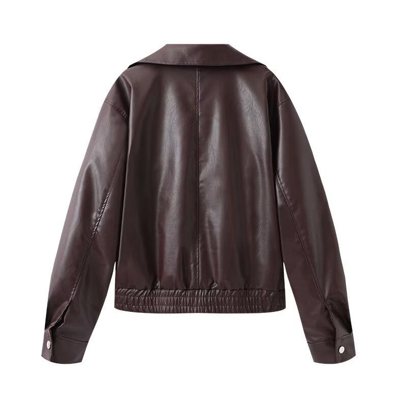TAOP&ZA Veste courte en cuir à col rabattu et fermeture éclair pour femme, style américain, simple et tendance_voghion.com