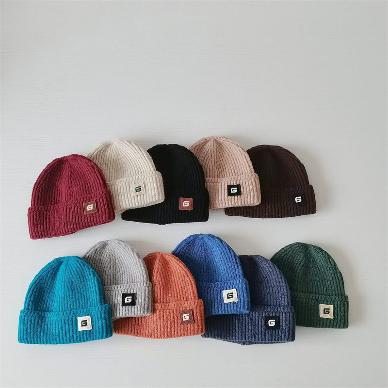 Børnehuer Strikket hue til børn efterår og vinter nyt uldgarn enkelt ensfarvet bogstav uldhue varm pullover hat_voghion.com