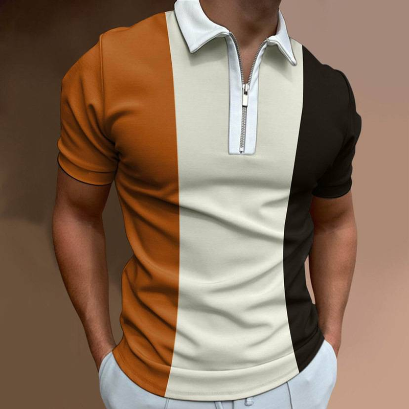 Herrkläder Sommar Herrpolo med dragkedja och slag 3D-tryck Flerfärgad Avslappnad Färgmatchande Kortärmad Polo_voghion.com