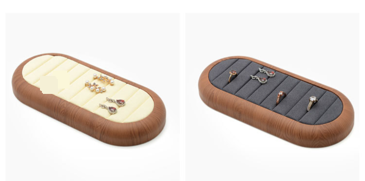 Hochwertiges rundes Ringtablett aus PU-Holzmaserung, Schmucktablett, Aufbewahrungstablett für Ringe und Edelsteine, ovales Sichttablett_voghion.com