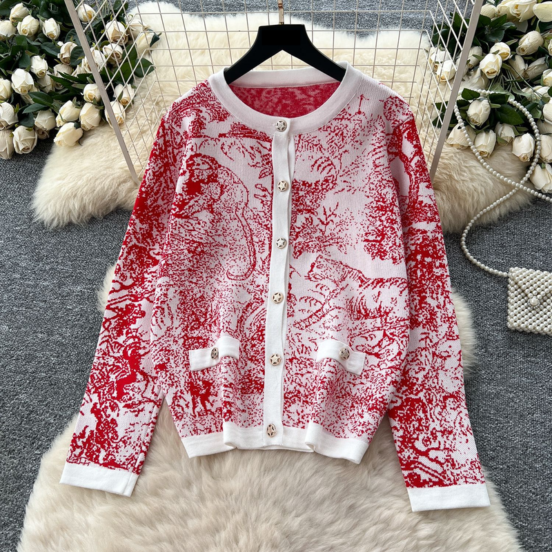 Completo da donna con cardigan in maglia stampato e pantaloni larghi a vita alta - Outfit alla moda autunnale_voghion.com
