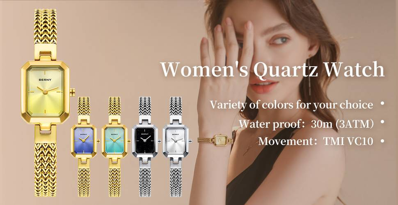 BERNY Small Gold Watches For Women Dainty Luxury Ladies Analog Quartz Bracelet Watch Rectangular Case Stainless Steel Waterproof Minimalist Wristwatch_voghion.com