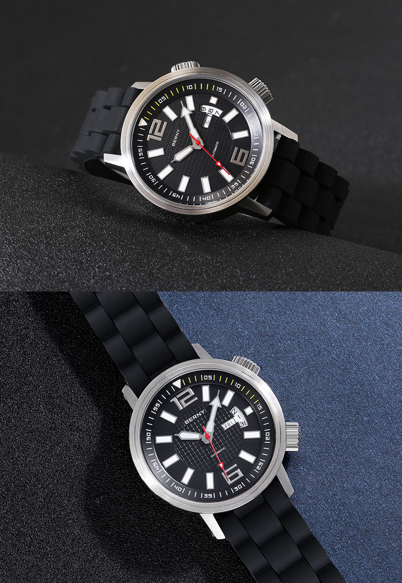 BERNY Automatic Dive Watch For Men Sport Casual 20ATM Waterproof Mechanical Watch With Day Date Super Luminous Silicone Strap Sapphire Wristwatch_voghion.com