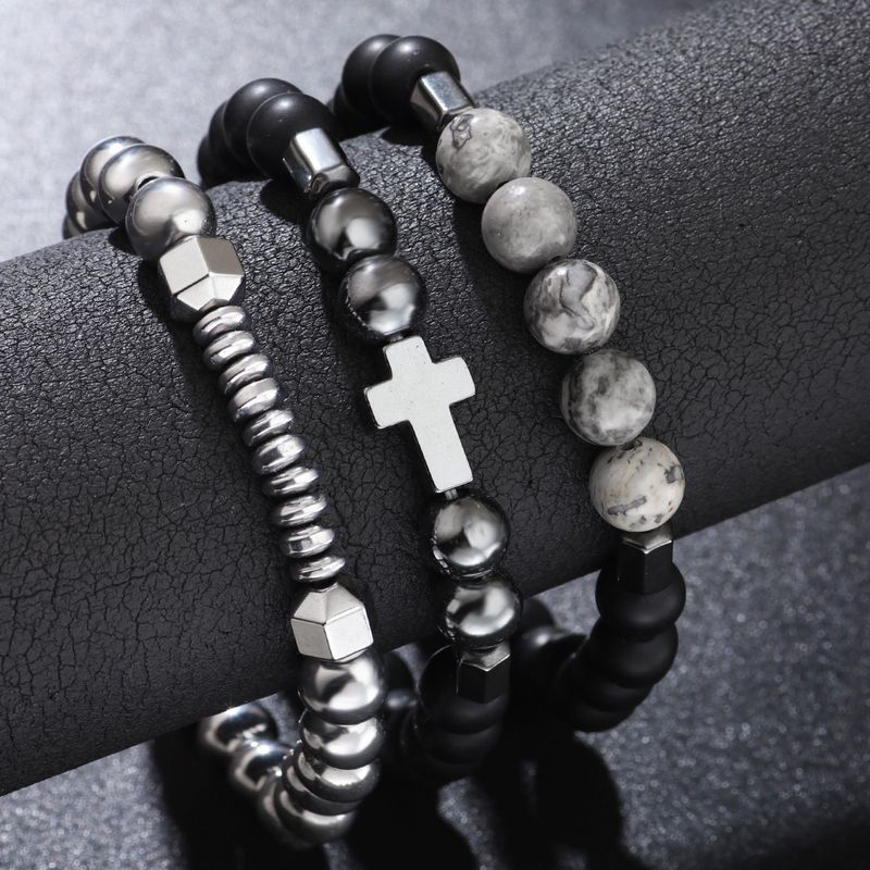 UFO Disc Cross Black Gallstone Beaded Map Stone Elastic Cord Bracelet_voghion.com