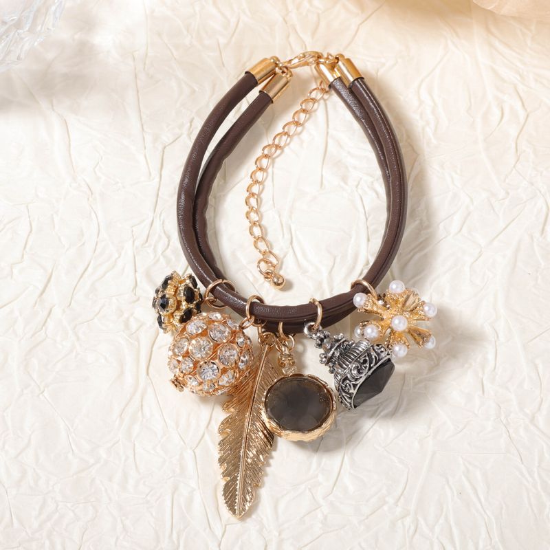 ZA Exquisite Fashion Design Double Layer Alloy Inlaid Zircon Geometric Sphere Leaf Pendant Women's Casual Bracelet_voghion.com