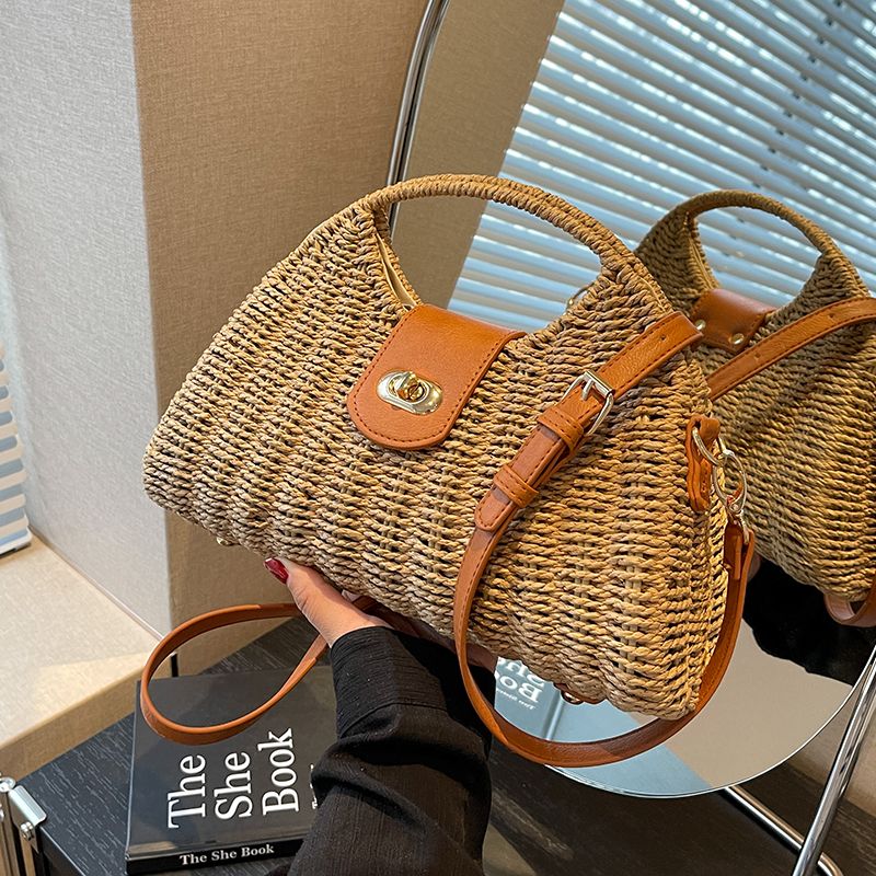 Sommer Strohtasche für Frauen klein gewebt handgefertigtes Design Handtasche Lady Tote Urlaub Strand Rattan Freizeit Schultertasche_voghion.com
