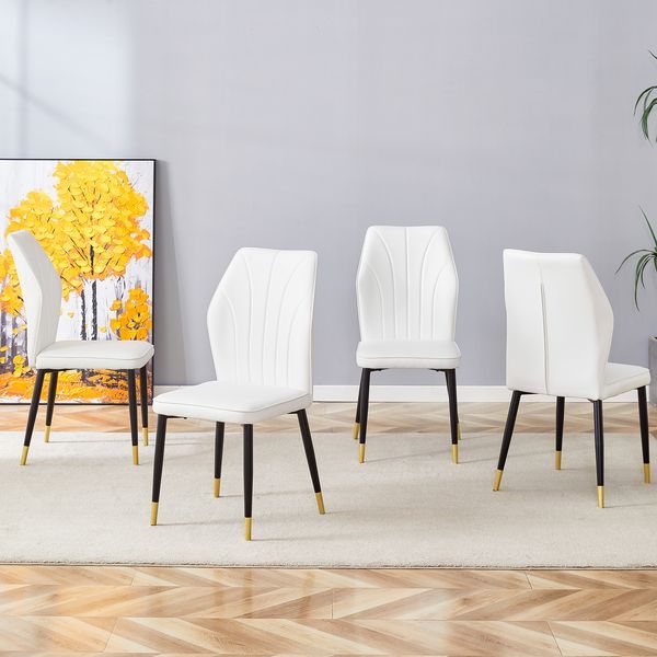 4 Modern Dining Chairs With Stylish PU Patterned Backrest And Black Metal Legs For A Comfortable Home Experience In The Kitchen, Bedroom And Office._voghion.com