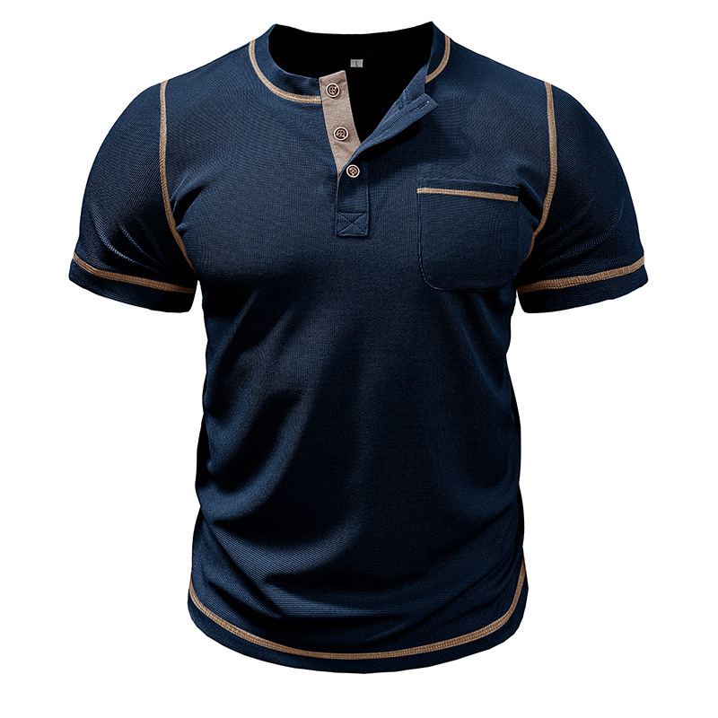 2024 Europäische und amerikanische Herrenbekleidung Rundhalsausschnitt Waffel Henry Kurzarm-T-Shirt Außenhandel Herrenknöpfe Kontrastierende helle Linie Boden_voghion.com
