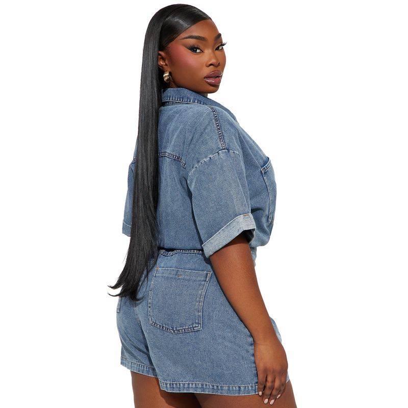 Salopetă din denim spălat, cu mânecă scurtă și elastică, lejeră, pentru femei_voghion.com