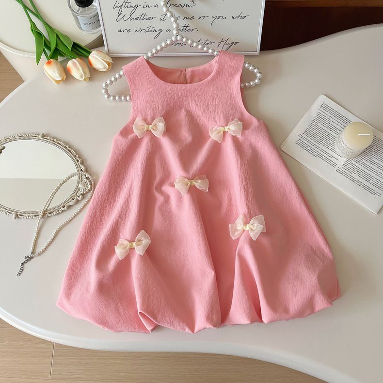 Summer New Bow Cute Girl Dress Baby Girl Fashion All Match Sleeveless Flower Bud Vest Dress Trendy_voghion.com