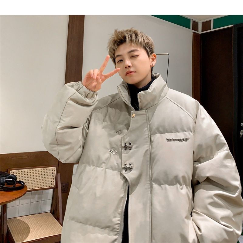 Hue Hue PU Leather For Men Winter Metal Airplane Buckle American Style Coat Thickened Warm Loose Puffer Cotton Padded Jacket_voghion.com