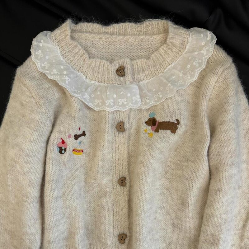 Chaqueta tipo cárdigan de encaje empalmado, bordado de perro de otoño para mujer, suéter de punto suave y dulce, versátil._voghion.com