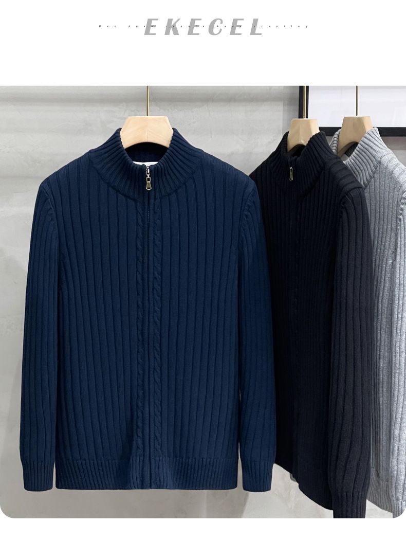 Cardigan de style américain pour homme, couleur unie, version coréenne, fermeture éclair, vêtement d'extérieur, pull tricoté décontracté, automne-hiver_voghion.com