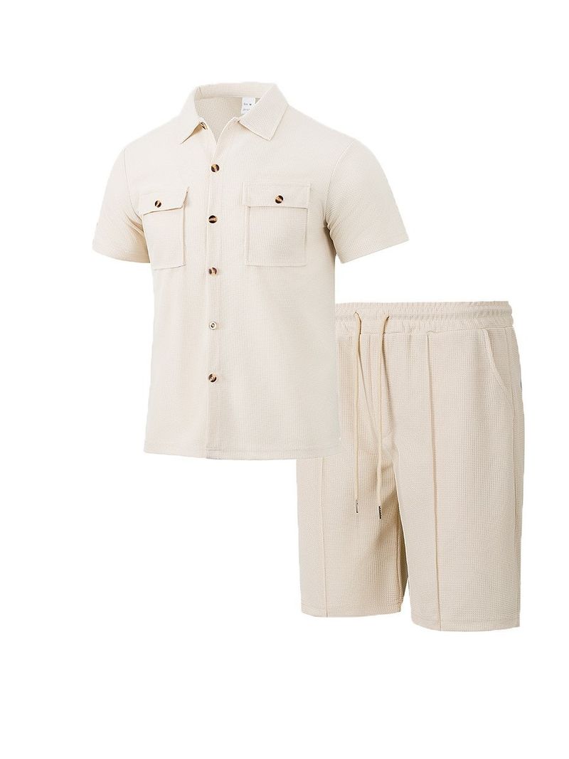 Men's Solid Color Pocket Shirt Short Sleeved Shorts Two Piece Suit_voghion.com