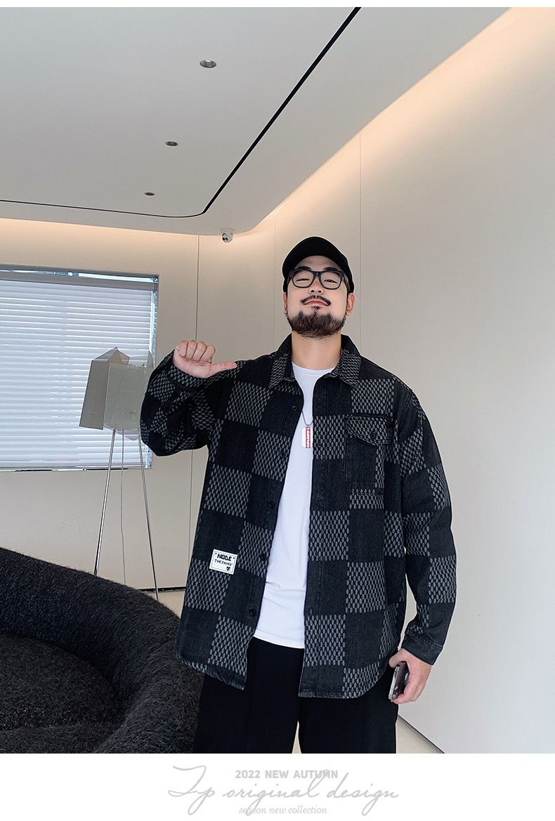 Herrenbekleidung in Übergröße, Frühling und Herbst, neues Langarmhemd, Herren, lockere große Größe, Schachbrettmuster, fette Übergröße, dünne Jeansjacke_voghion.com