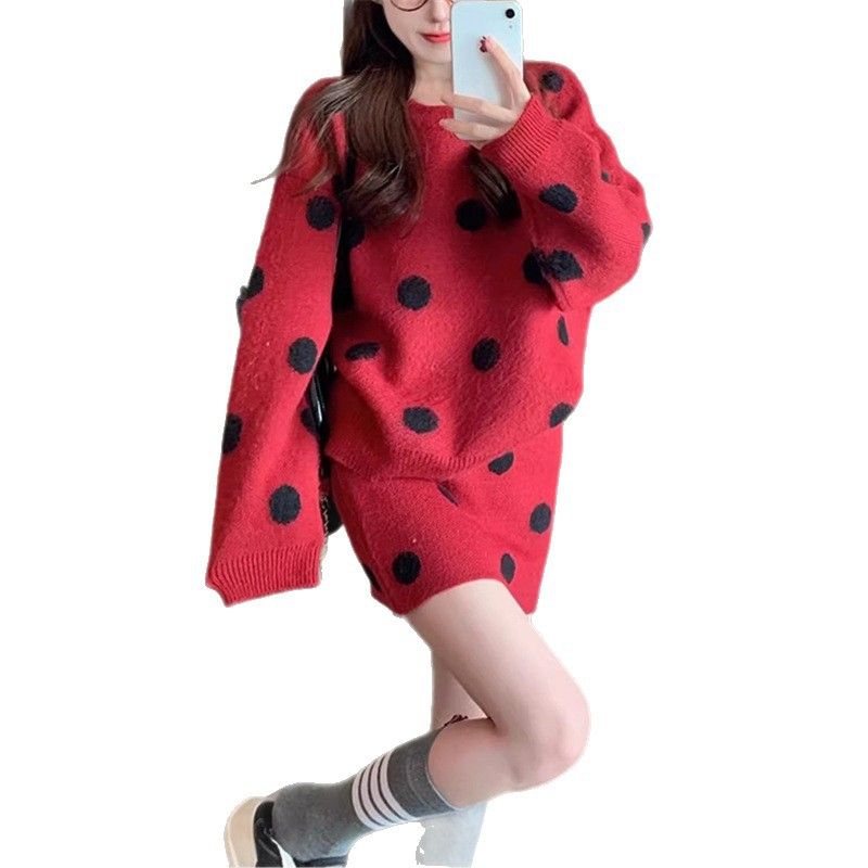 Design Sense Knitted Autumn Winter New Polka Dot Fresh Youthful Niche Pullover Sweater And Skirt Two-Piece Set_voghion.com