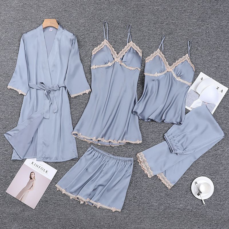 Silky Long-Sleeve Loungewear Set – 5-Piece Viscose Pamas (S-XXL, 4 Colors)_voghion.com