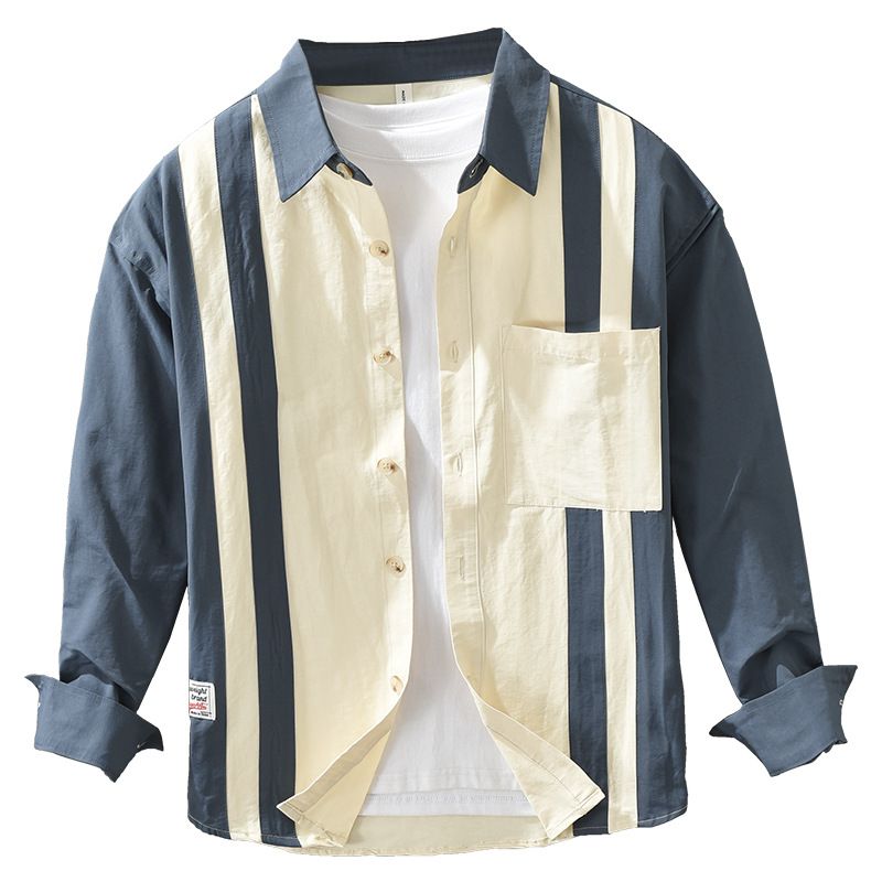 7356 Camicia a maniche lunghe con cuciture retrò giapponese da uomo, casual e versatile, alla moda, letteraria e ampia, abbigliamento maschile_voghion.com