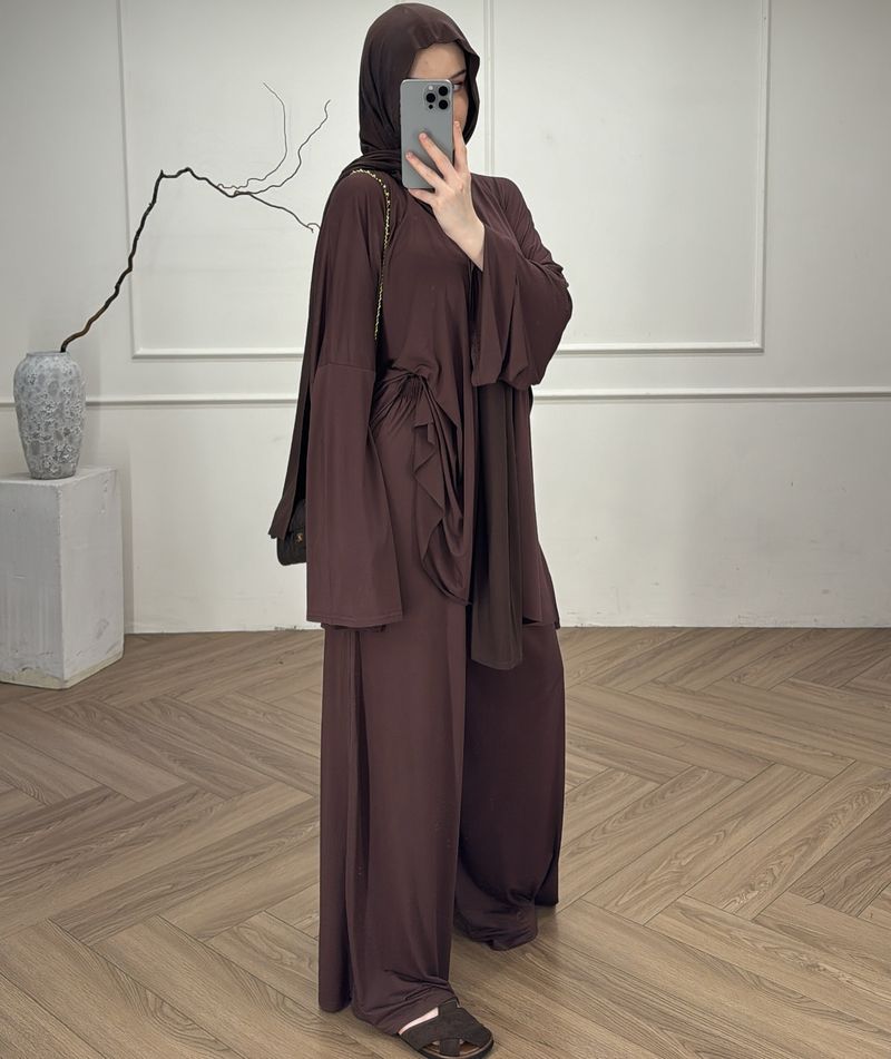 New Arrival Modest Muslim Women's Outfit - Loose Fit Long Sleeve Top & Pants Set, Breathable Modal Fabric, Elegant Solid Color_voghion.com