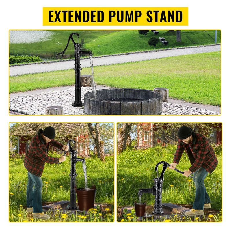 VEVOR Hand Water Pump W/ Stand 15.7 X 9.4 X 53.1 Inch Pitcher Pump & 26 Inch Pump Stand W/ Pre-set 1/2" Holes For Easy Installation Rustic Cast Iron Well Pump For Yard Garden Farm Irrigation Black_voghion.com