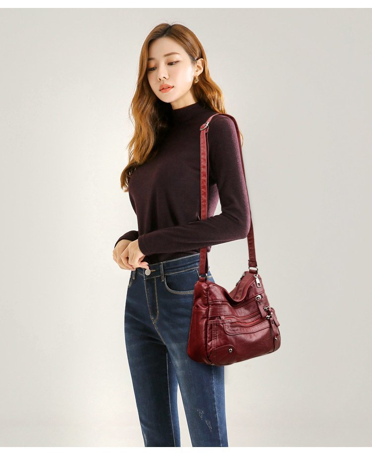 Soft leather fashionable double-layer satchel Korean version large-capacity washing leather small bag_voghion.com