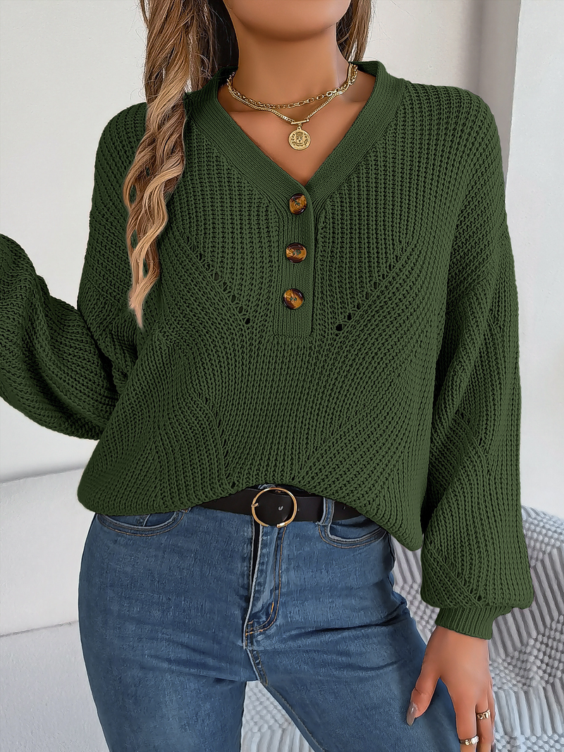 Maglione da donna con scollo a V e maniche a lanterna cava, maglione oversize, top casual in maglia tinta unita_voghion.com