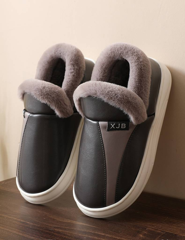 Winter waterproof indoor warm cotton slippers wear non-slip heel men pu leather bread with cotton shoes women_voghion.com