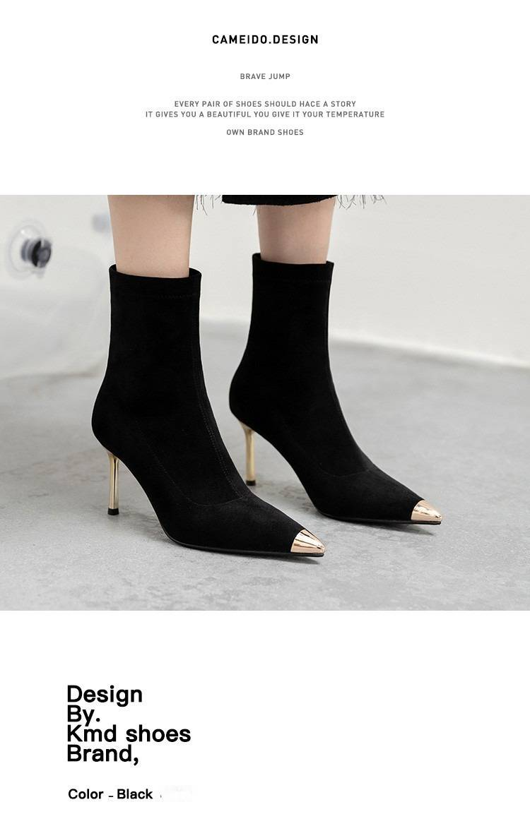 Cameido Metal Pointed-toe Stiletto High-heeled Elastic Short Boots, Slimming Boots in 2024_voghion.com