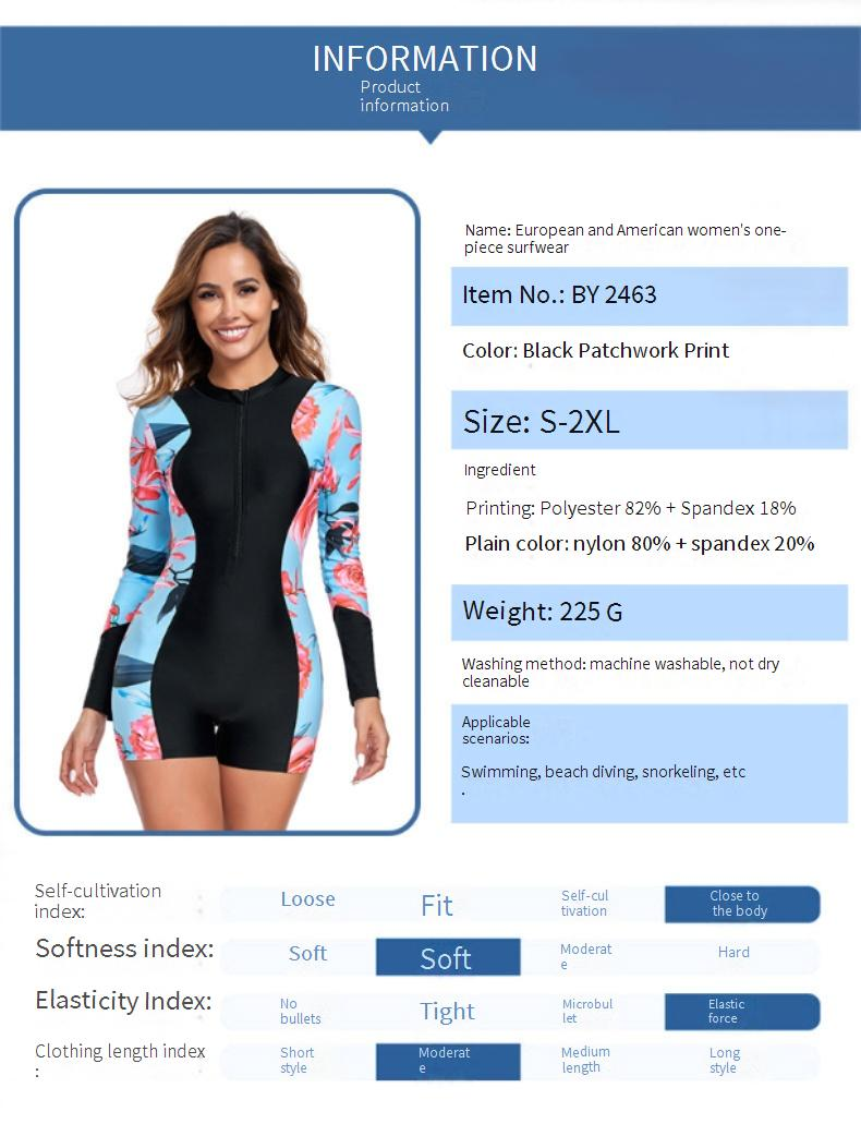 Costume da bagno Rash Guard da donna con stampa a blocchi di colore - Costume intero a maniche lunghe con cerniera frontale, protezione UPF 50+ e vestibilità aderente per surf e nuoto_voghion.com