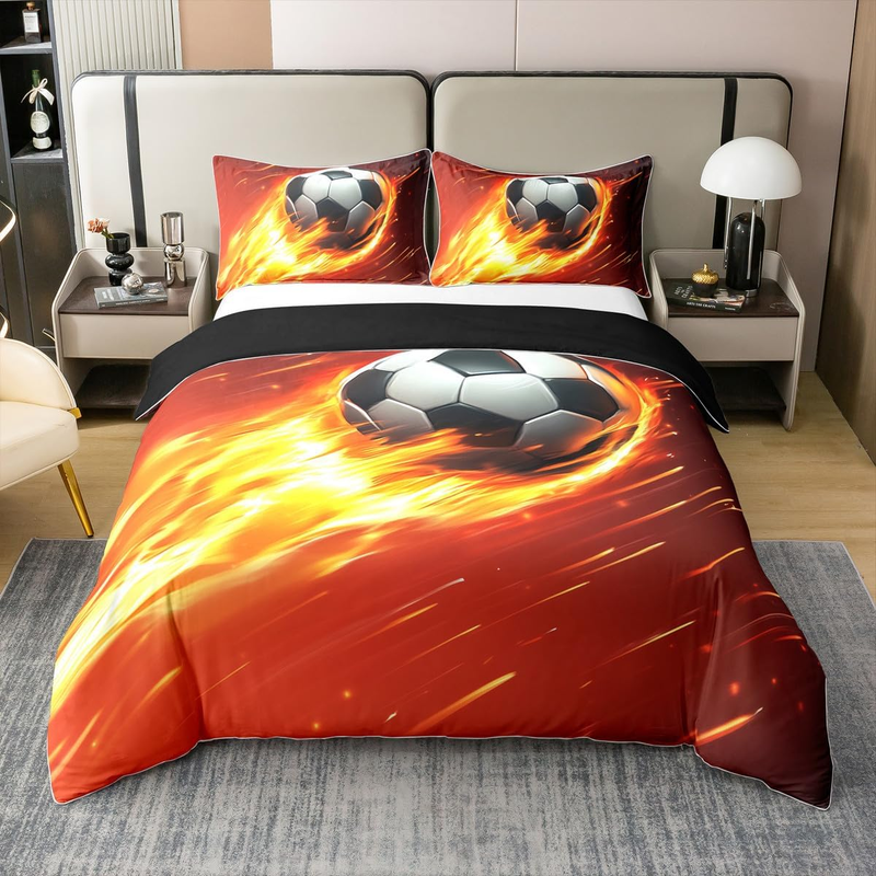 Fußball-Bettwäsche-Set, Doppelbett, Fußball-Bettwäsche für Kinder, Jungen und Männer, Feuer, leuchtendes Tor, rot, gelb, Bettdecke, Fußballbezug, weicher, bequemer Bettbezug_voghion.com