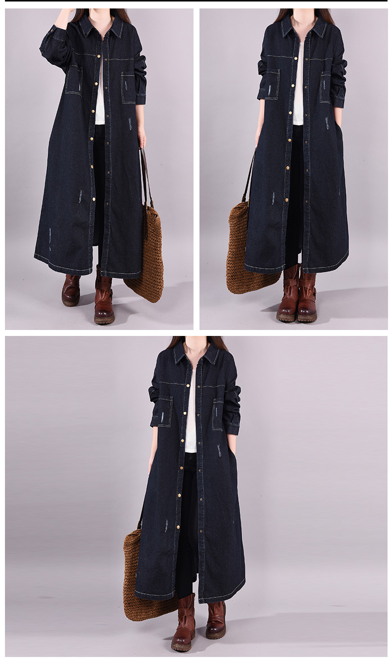Vintage Washed Denim-Hemdkleid für Damen – Übergroße lange Boho-Tunika mit Polokragen (Blau/Schwarz, Übergröße L/XL)_voghion.com