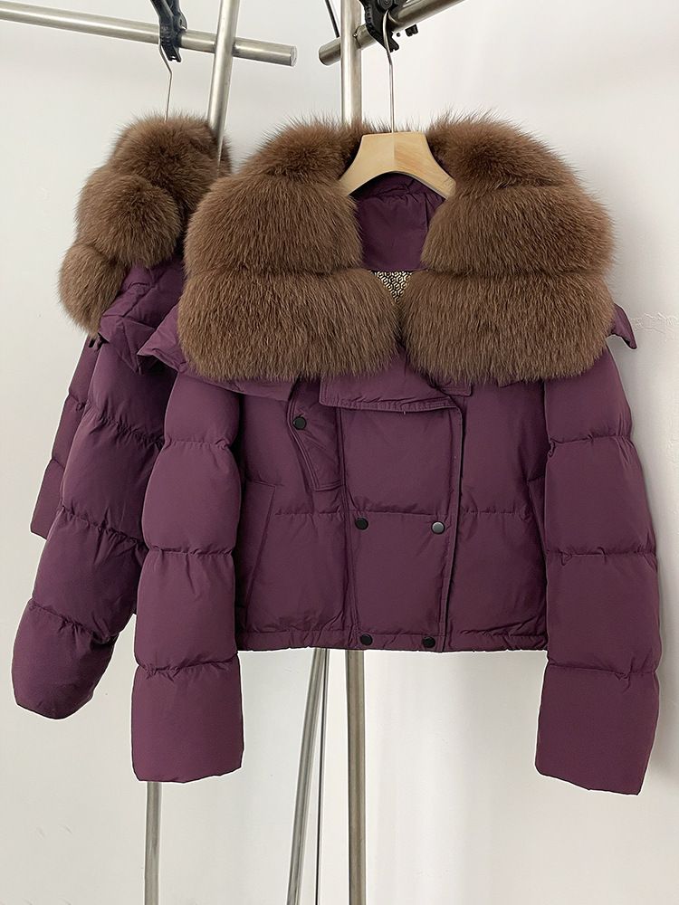 Women's Winter Fox Fur Trim Short Down Jacket With Luxury Faux Fur Collar, Thickened Casual Parka Coat For Fashion & Warmth_voghion.com