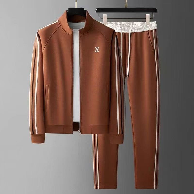 Completo tuta da uomo elegante con colletto rialzato: giacca leggera con cerniera e pantaloni a gamba dritta (M-4XL, bianco/marrone scuro/nero)_voghion.com