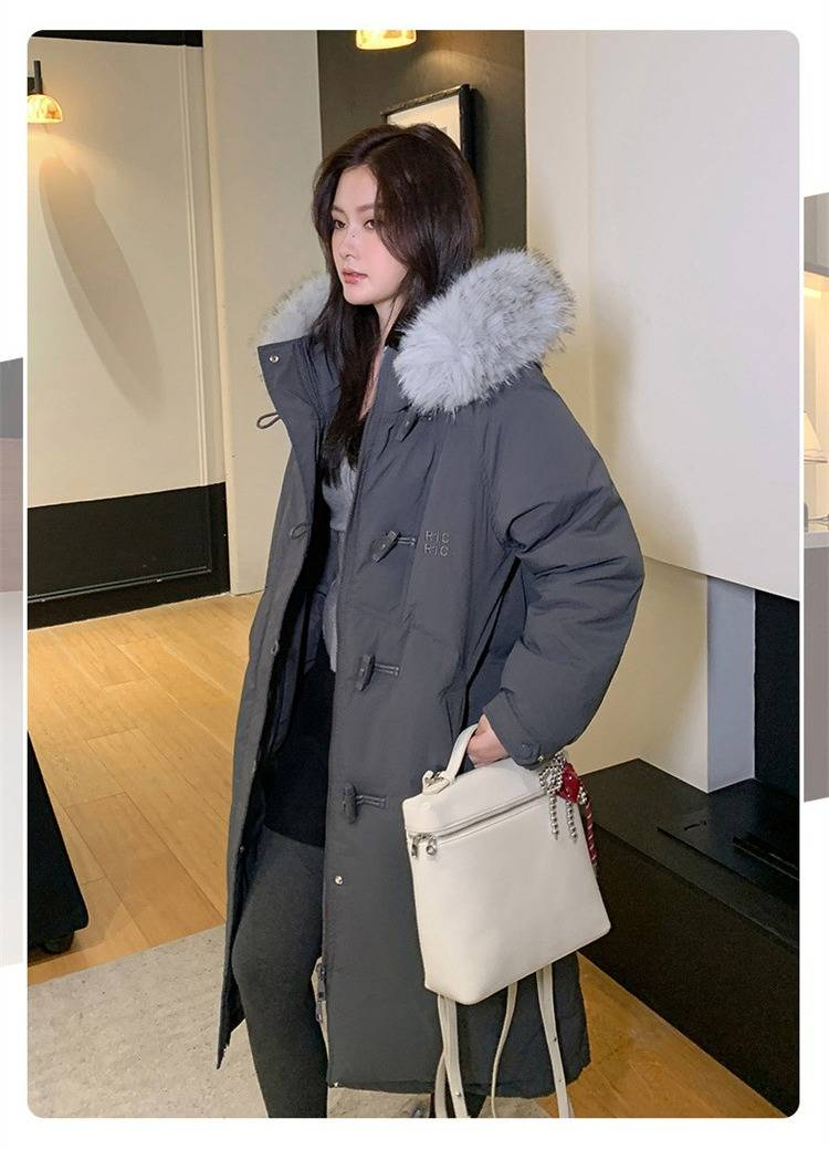 Übergroßer Puffermantel mit Kapuze und abnehmbarem Kunstpelzbesatz für Damen, lange Winterjacke in Schwarz/Grau/Creme_voghion.com
