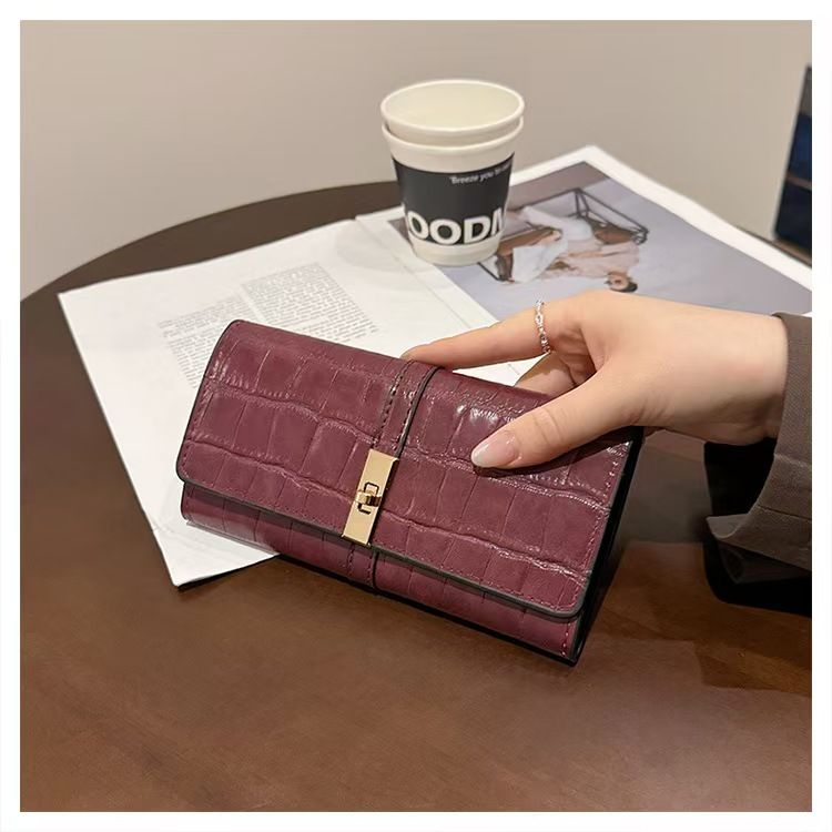 Portafogli da donna in pelle nera con chiusura a scatto, portafoglio lungo bifold in pelle, portafogli corti, portafogli mini_voghion.com