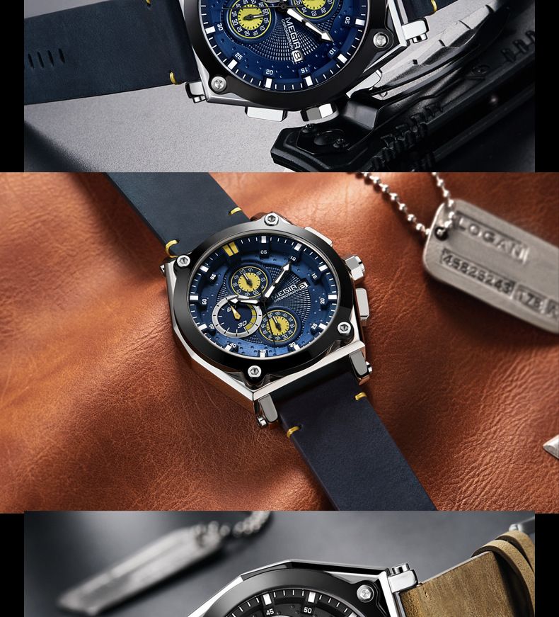 Orologio sportivo da uomo MEGIR in vera pelle con cronografo, resistente all'acqua, luminoso, multifunzione, design elegante_voghion.com
