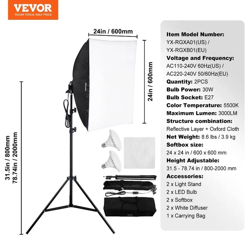 5500K Stand In In 30W 24 X Lighting 24 Softbox Kit Adjustable Bulbs LED_voghion.com