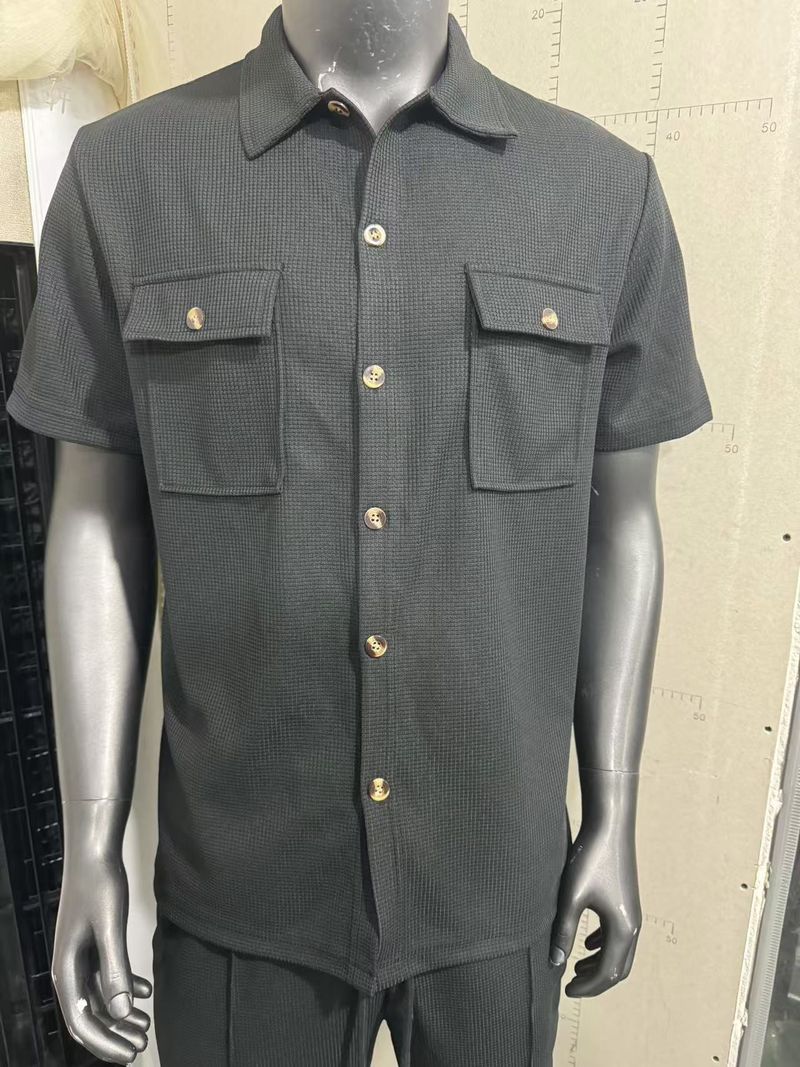 Men's Clothing Men's Summer New Solid Color Button Pocket Shirt Short Sleeve Pants Two Piece Set_voghion.com