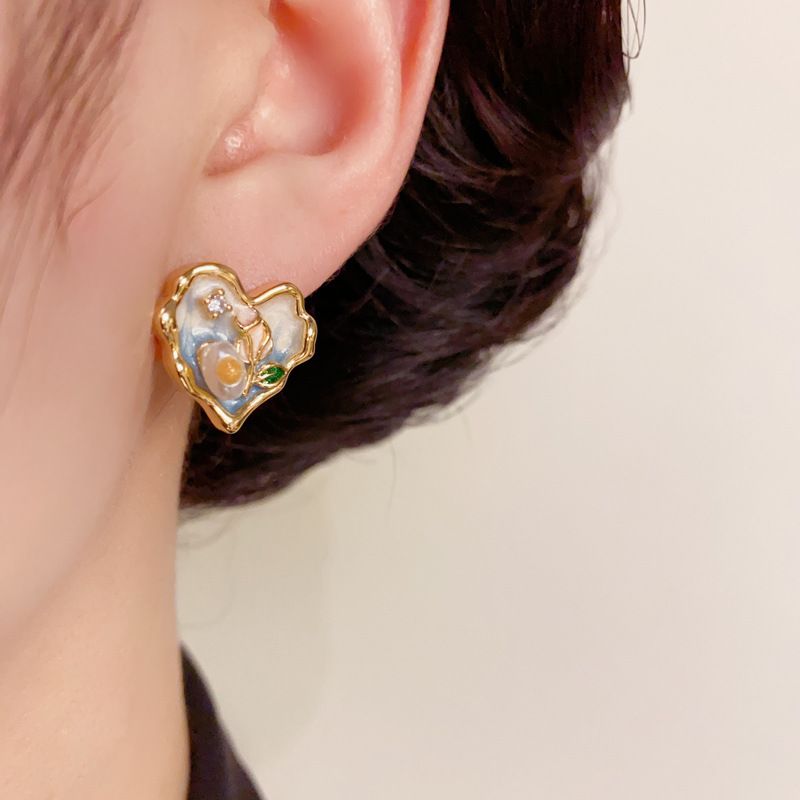 Orecchini a forma di cuore con fiore, eleganti, versatili, alla moda, di lusso, semplici e leggeri, con ago in argento S_voghion.com