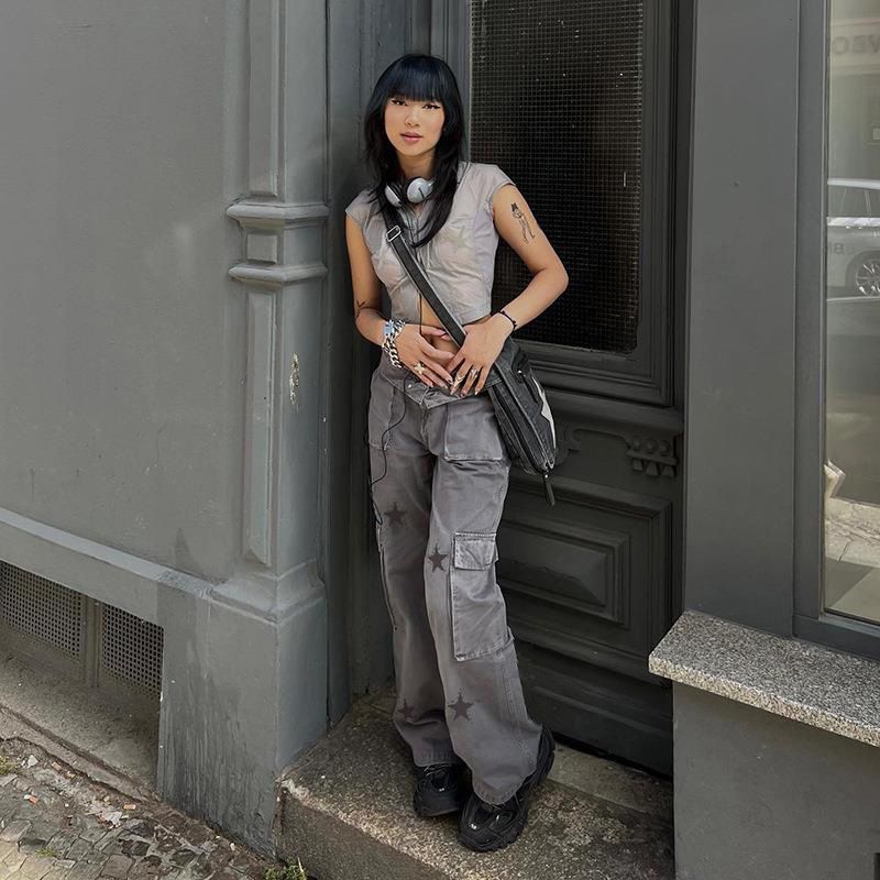 Abbigliamento da lavoro in denim a vita bassa stile street con design con tasche grandi con stampa a stella, pantaloni casual a gamba dritta_voghion.com