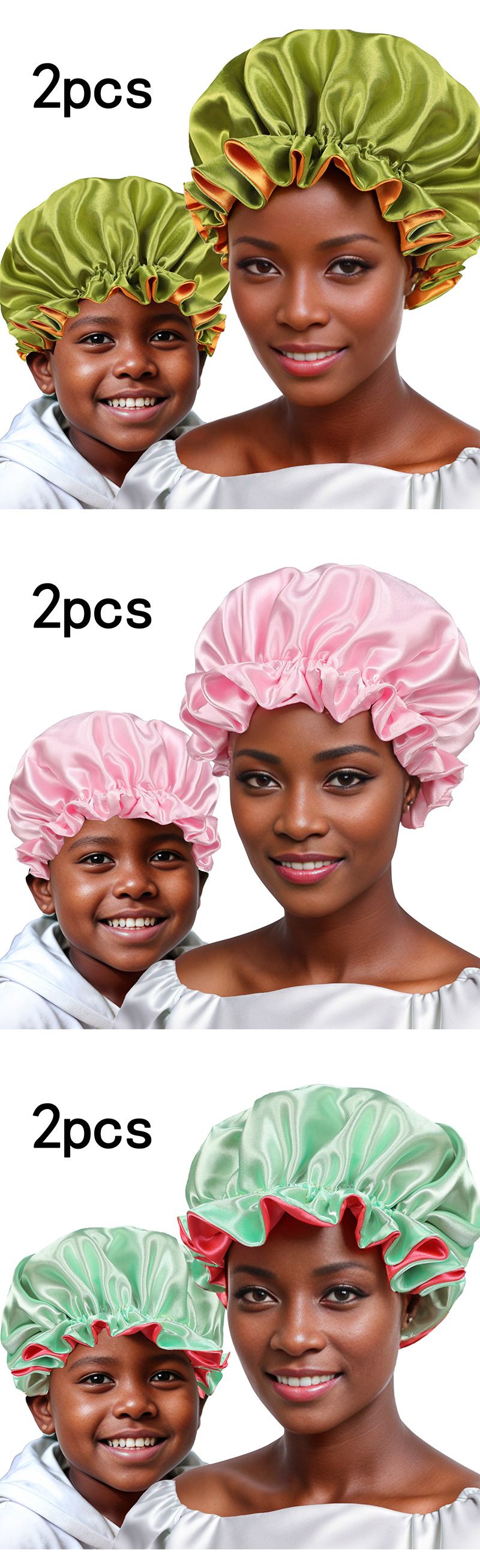 Neu Schlafmütze Eltern-Kind-Set Doppelschicht Satin Spitze Runde Mütze Chemotherapie Waschmütze SATINBONNET_voghion.com