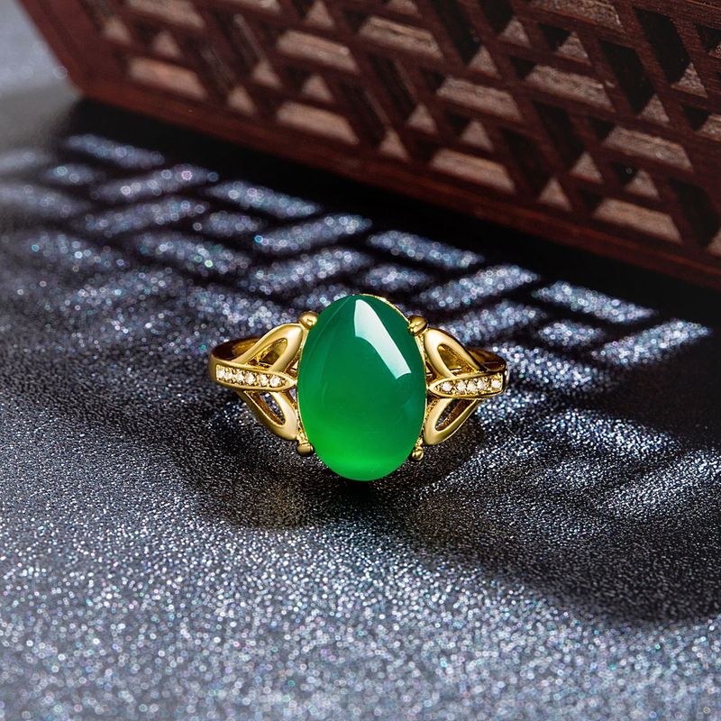 New Creative Green Agate Open Simple Diamond-Encrusted Ring Unisex Chalcedony Silver Jewelry_voghion.com