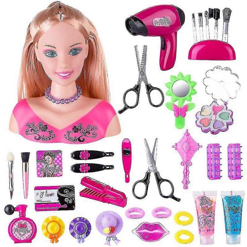 Juego de maquillaje para niños, juego de simulación de peinado de muñeca con cabeza de estilismo, juego de belleza con secador de pelo, regalo_voghion.com