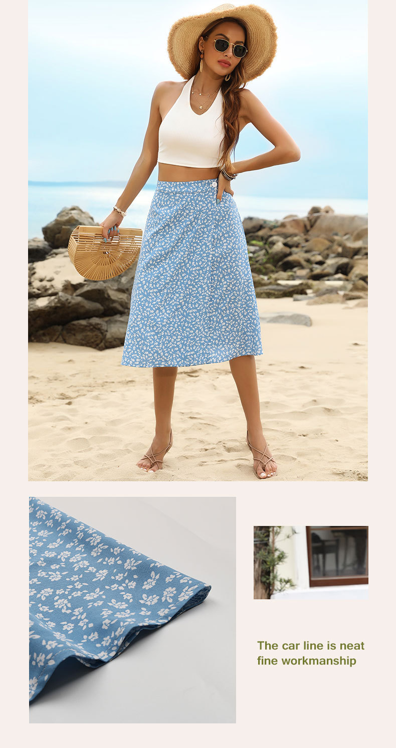Jupe une pièce florale bleue à taille haute et fendue_voghion.com