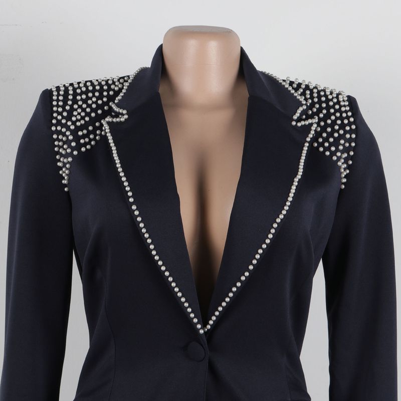 Traje de dos piezas ajustado de manga larga con perlas para mujer_voghion.com