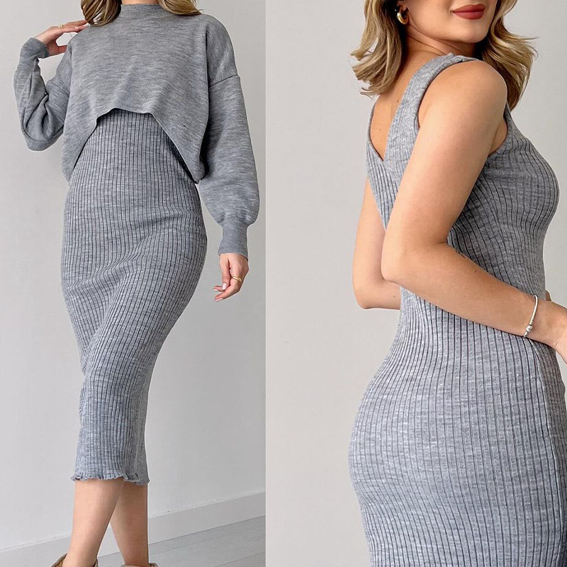 Suéter holgado de color liso con falda larga que cubre la cadera para mujer_voghion.com